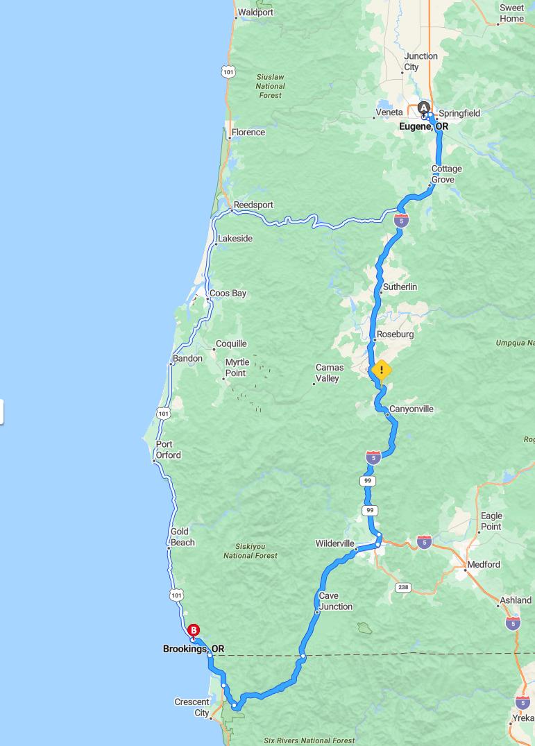 driving from Eugene, Oregon to BrookingsOregon - map and route