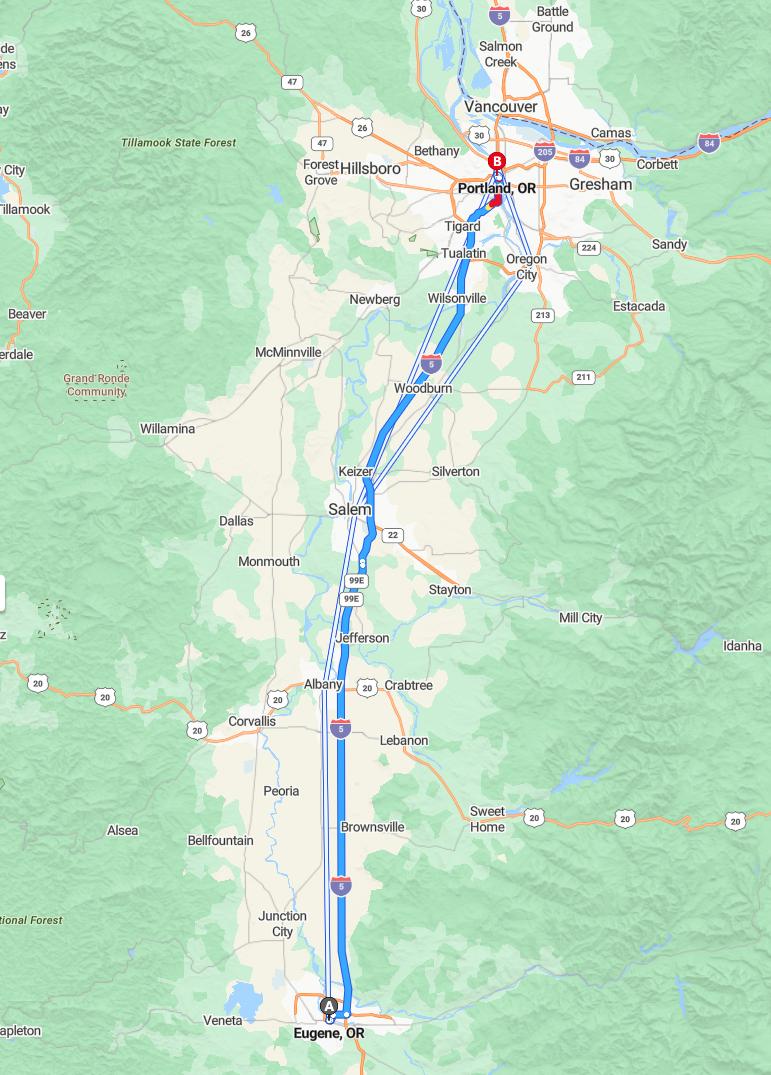 driving from Eugene, Oregon to PortlandOregon - map and route