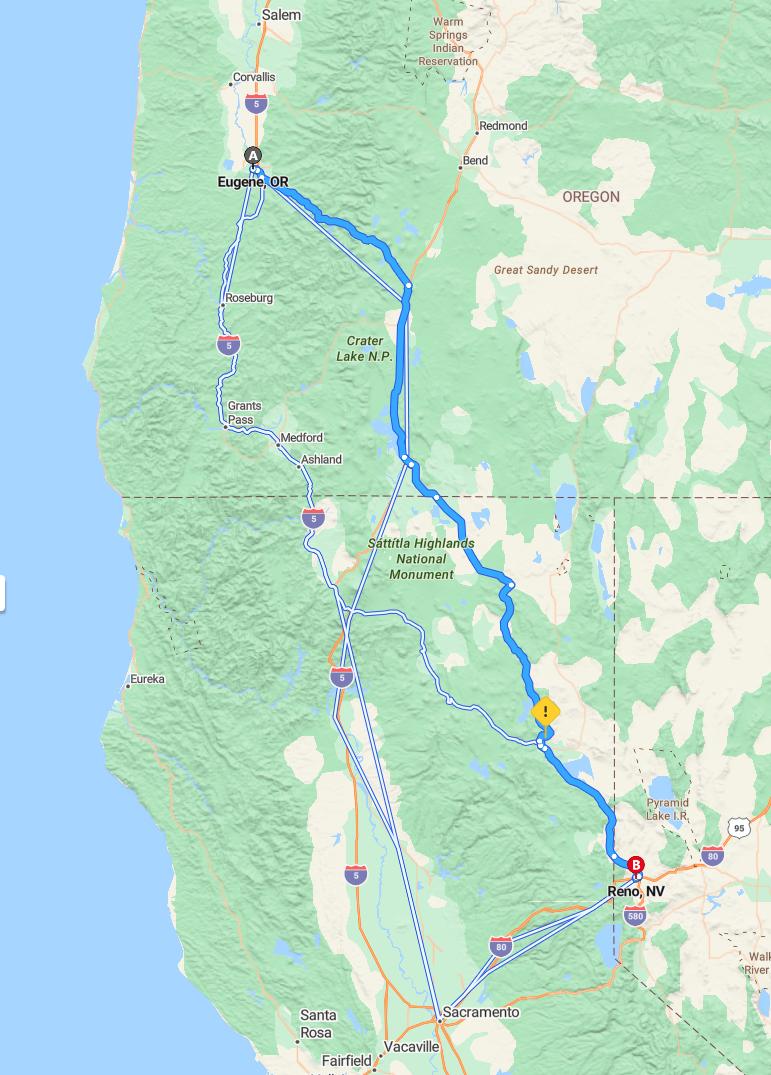 driving from Eugene, Oregon to RenoNevada - map and route