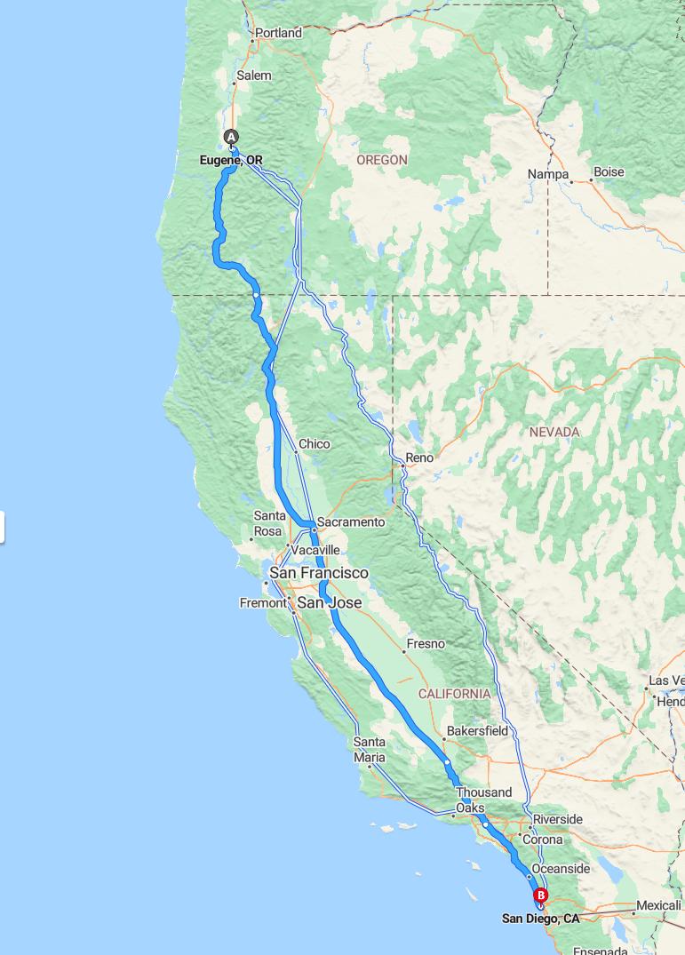 driving from Eugene, Oregon to San DiegoCalifornia - map and route