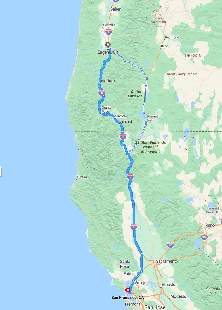 driving from Eugene, Oregon to San FranciscoCalifornia - map and route