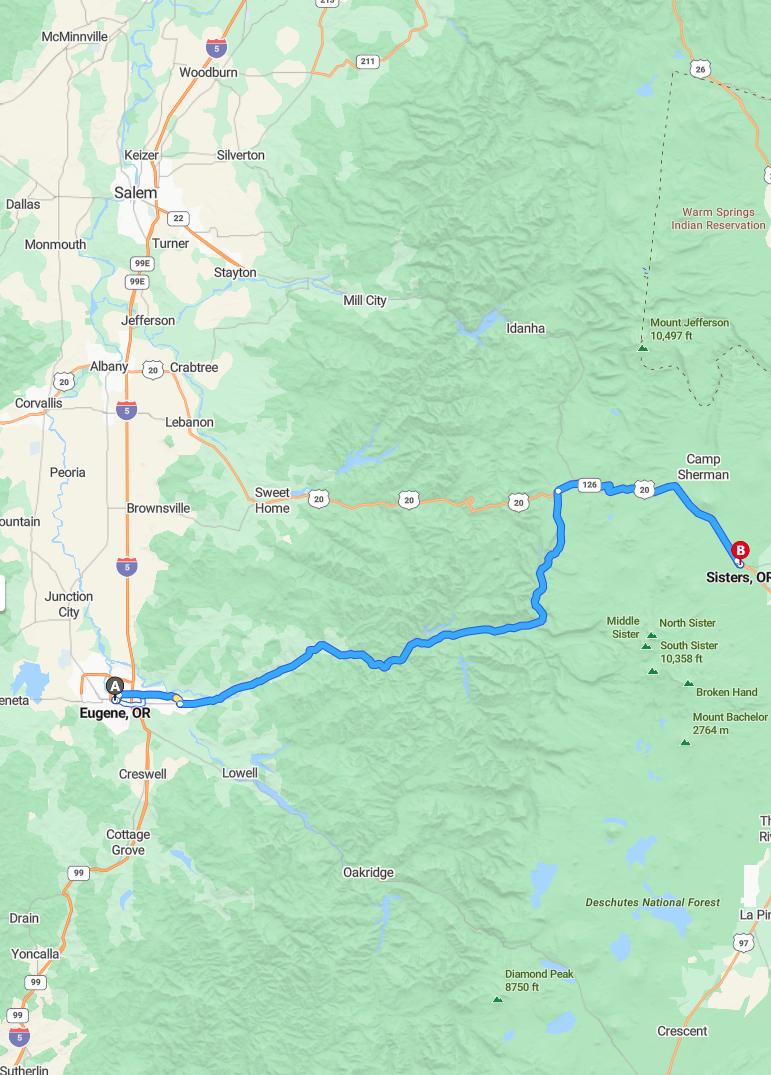 driving from Eugene, Oregon to SistersOregon - map and route