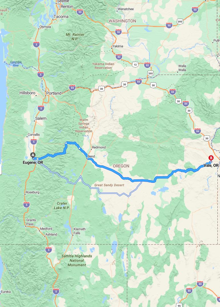 driving from Eugene, Oregon to ValeOregon - map and route