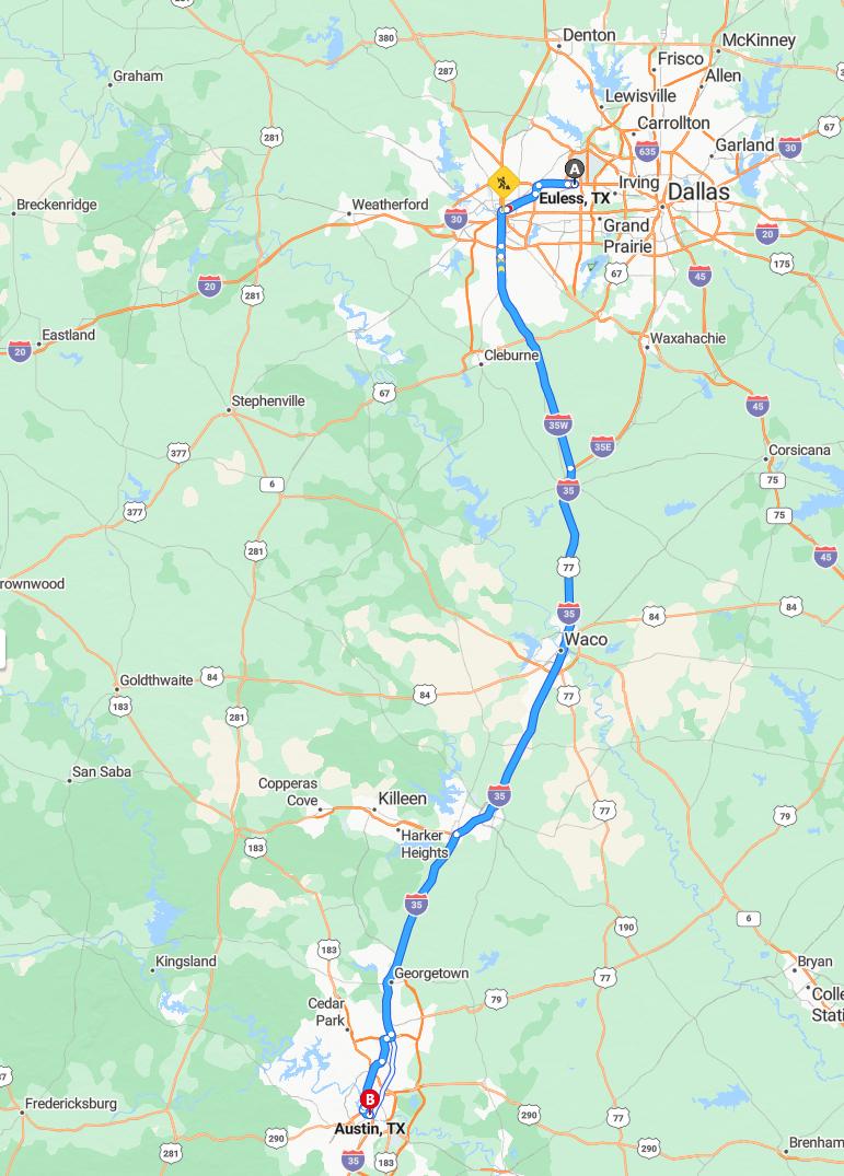 driving from Euless, Texas to AustinTexas - map and route