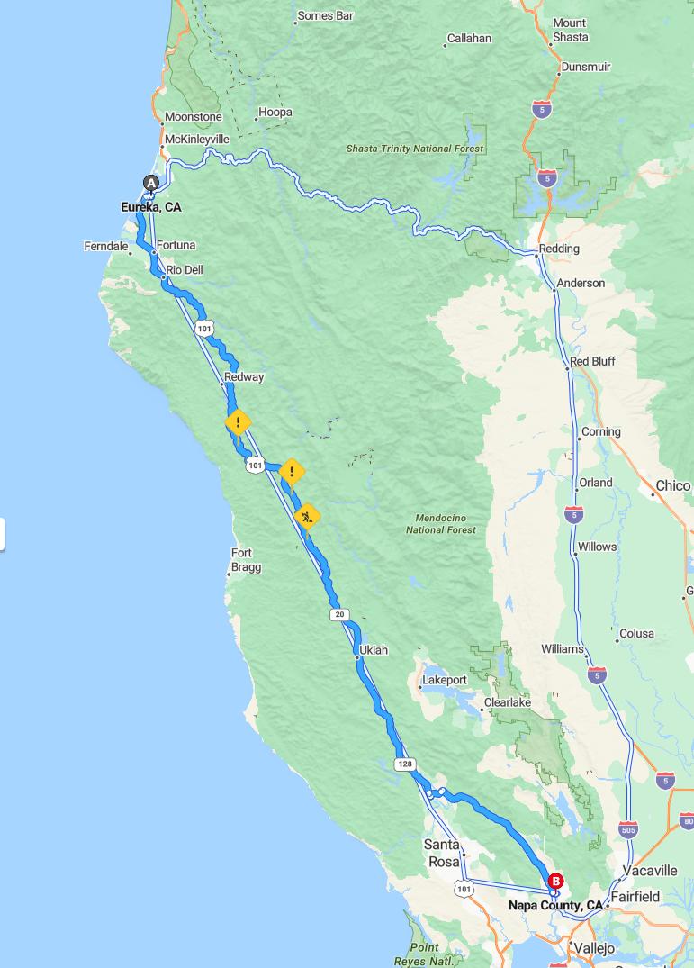 driving from Eureka, California to Napa ValleyCalifornia - map and route