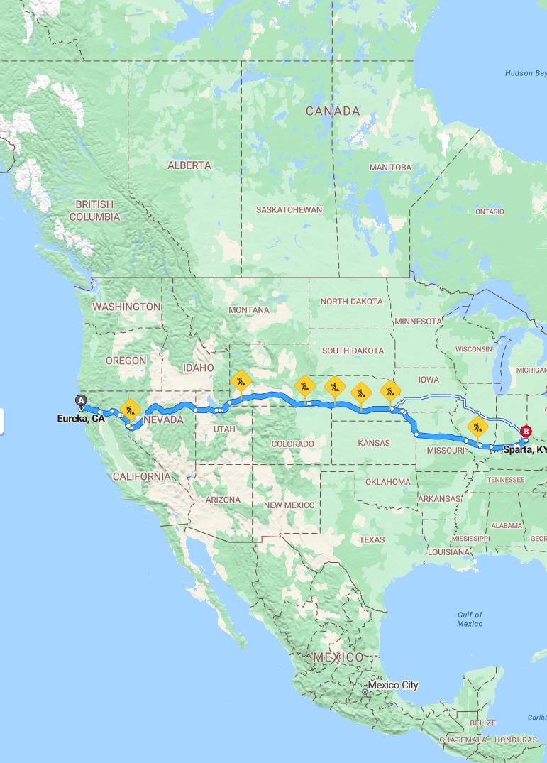 driving from Eureka, California to SpartaKentucky - map and route