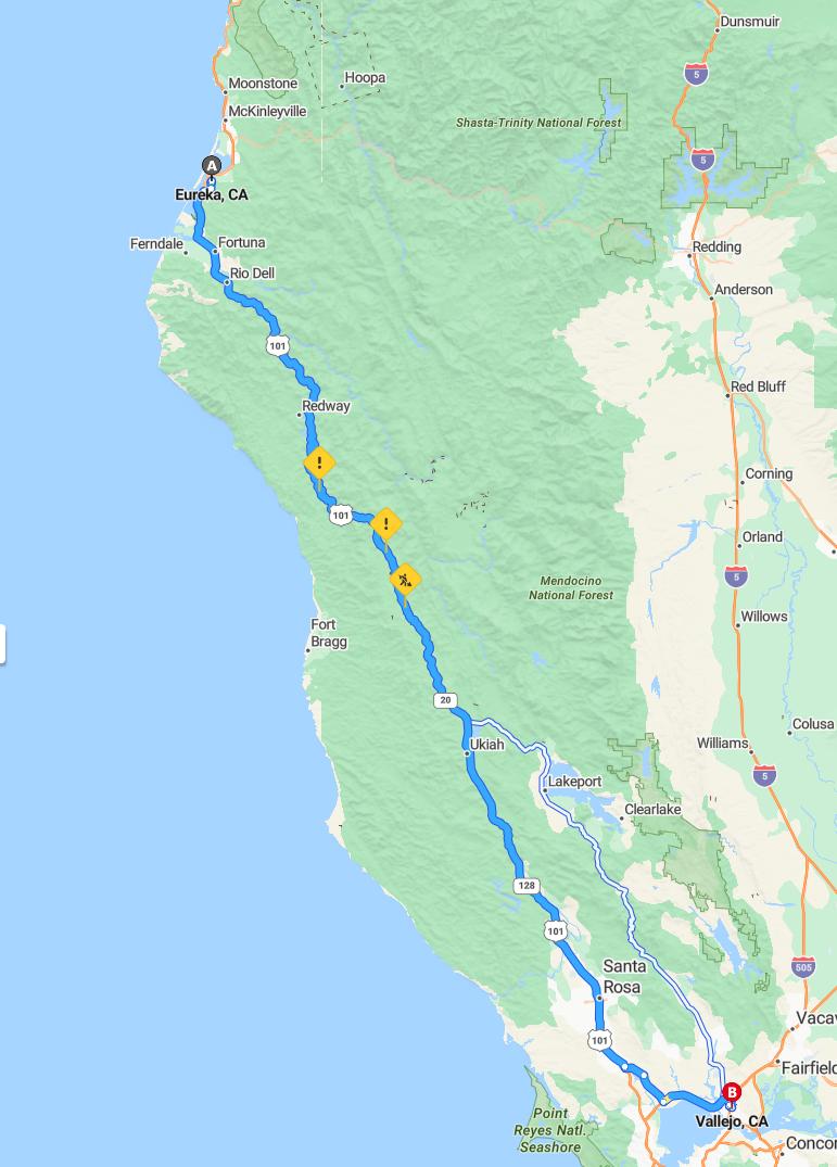 driving from Eureka, California to VallejoCalifornia - map and route