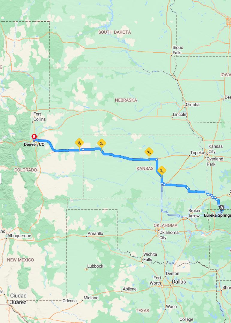 driving from Eureka Springs, Arkansas to DenverColorado - map and route