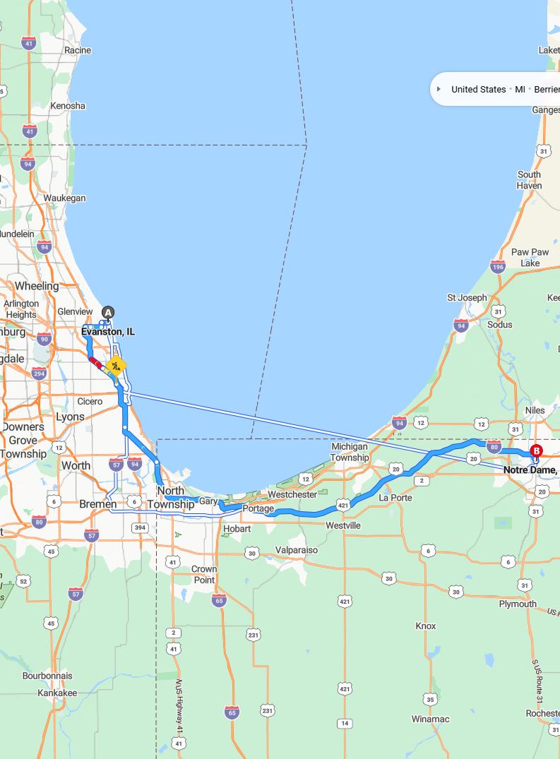 driving from Evanston, Illinois to Notre DameIndiana - map and route