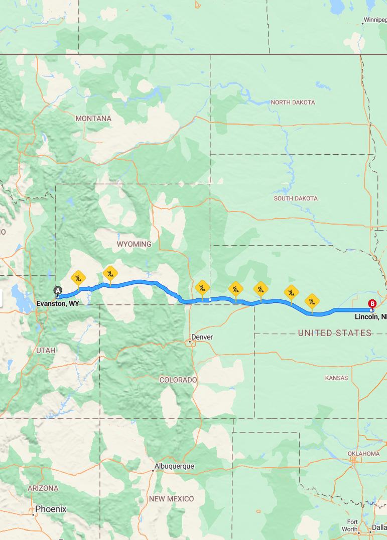driving from Evanston, Wyoming to LincolnNebraska - map and route