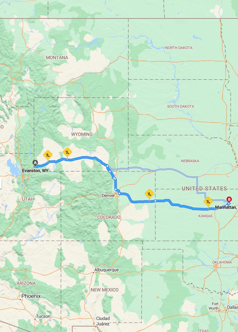 driving from Evanston, Wyoming to ManhattanKansas - map and route