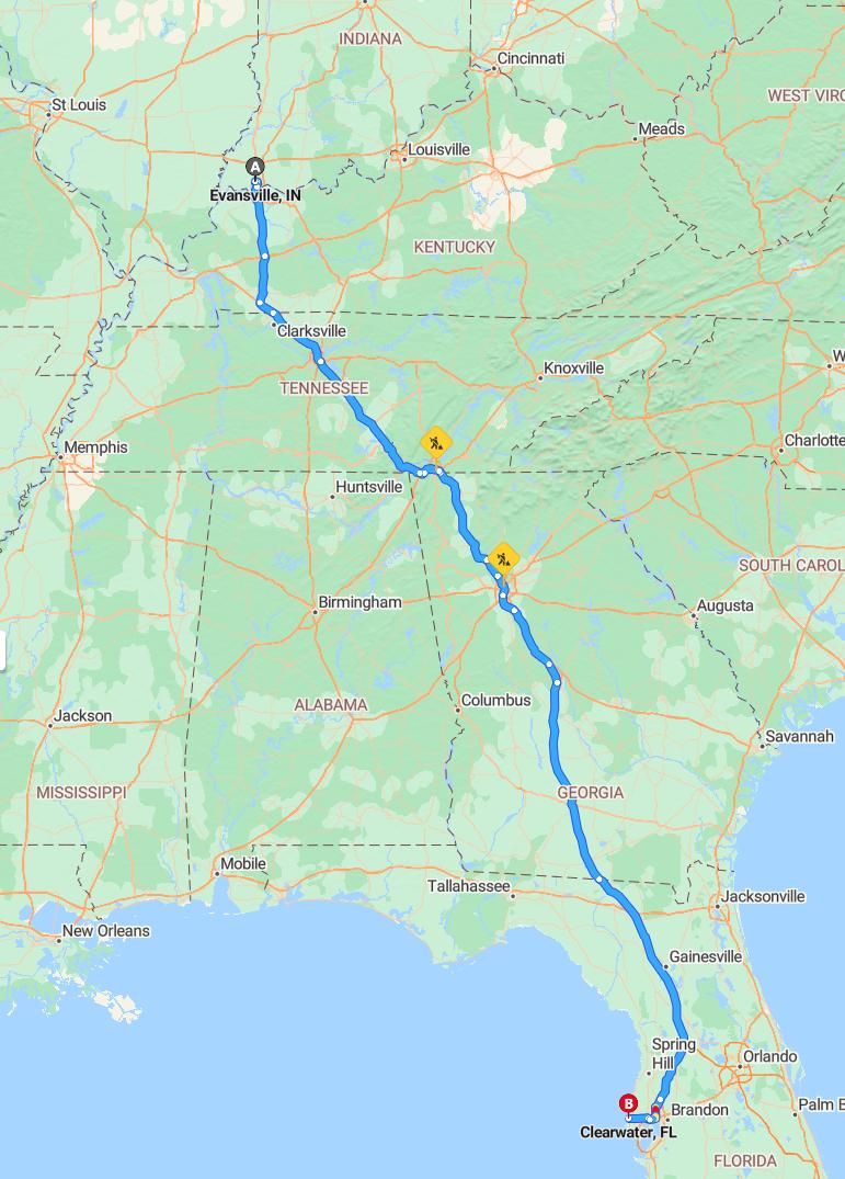 driving from Evansville, Indiana to ClearwaterFlorida - map and route