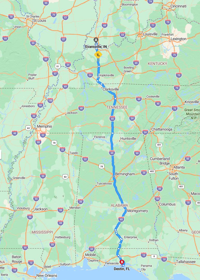 driving from Evansville, Indiana to DestinFlorida - map and route