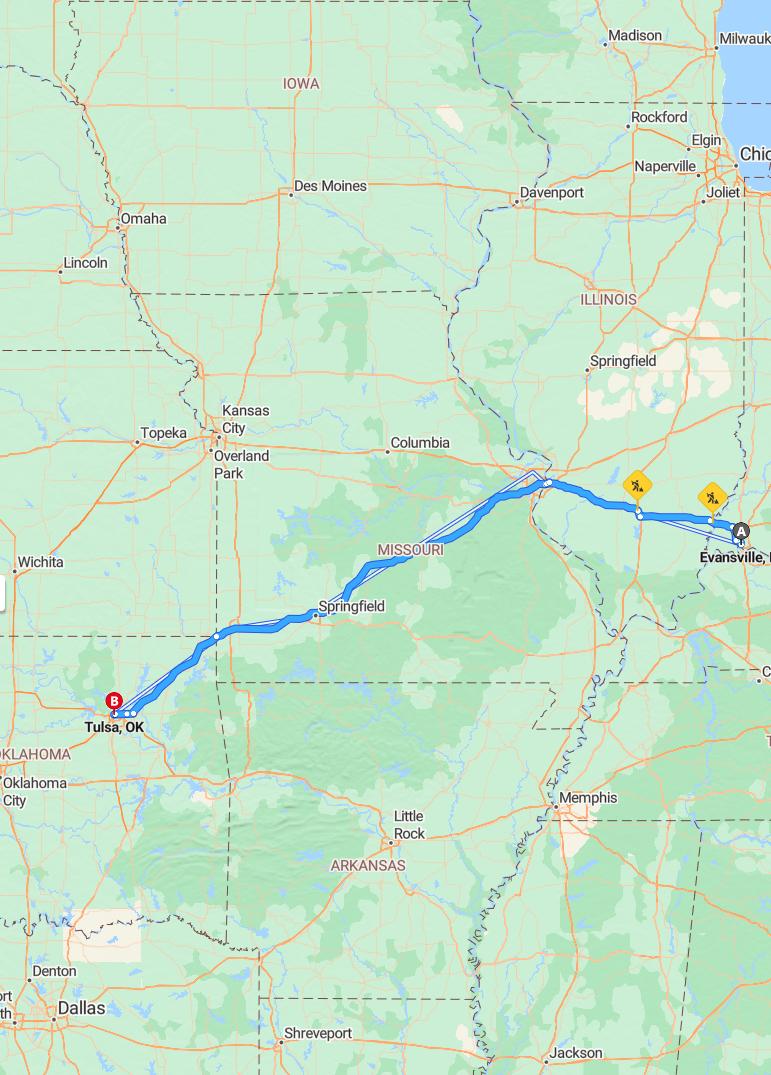 driving from Evansville, Indiana to TulsaOklahoma - map and route