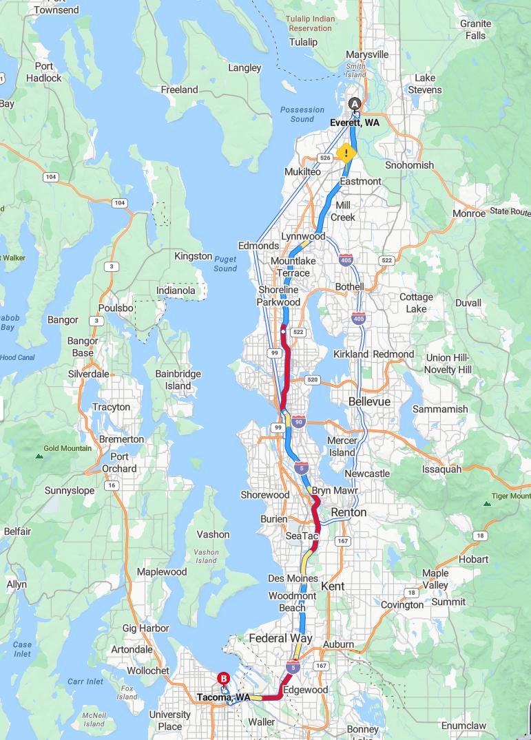 driving from Everett, Washington to TacomaWashington - map and route