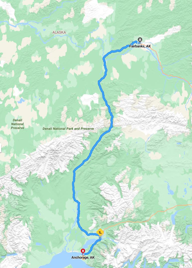 driving from Fairbanks, Alaska to AnchorageAlaska - map and route