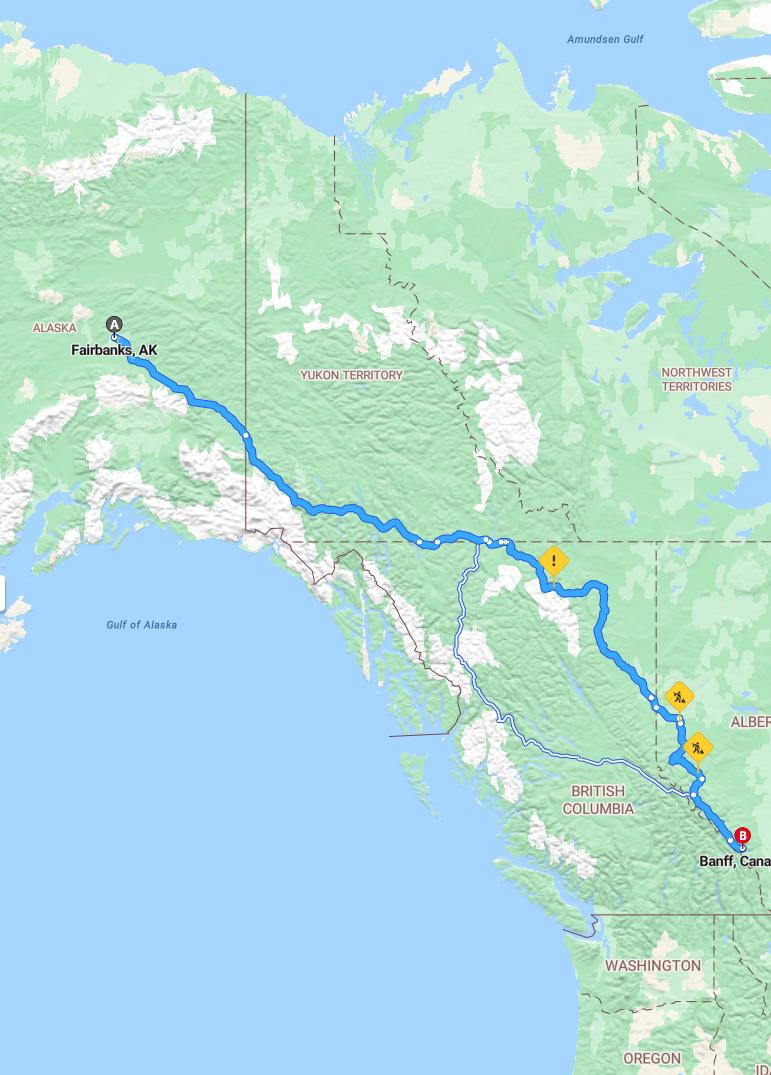 driving from Fairbanks, Alaska to BanffAlberta - map and route