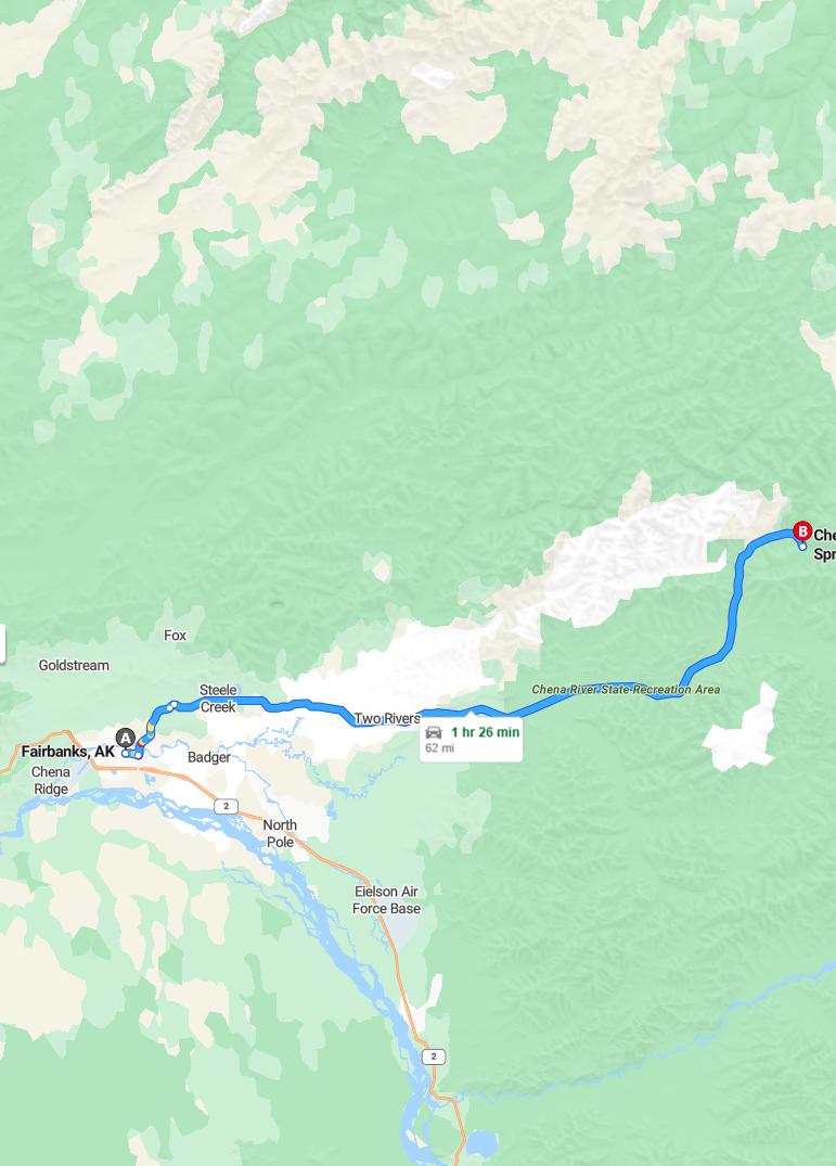 driving from Fairbanks, Alaska to Chena Hot SpringsAlaska - map and route