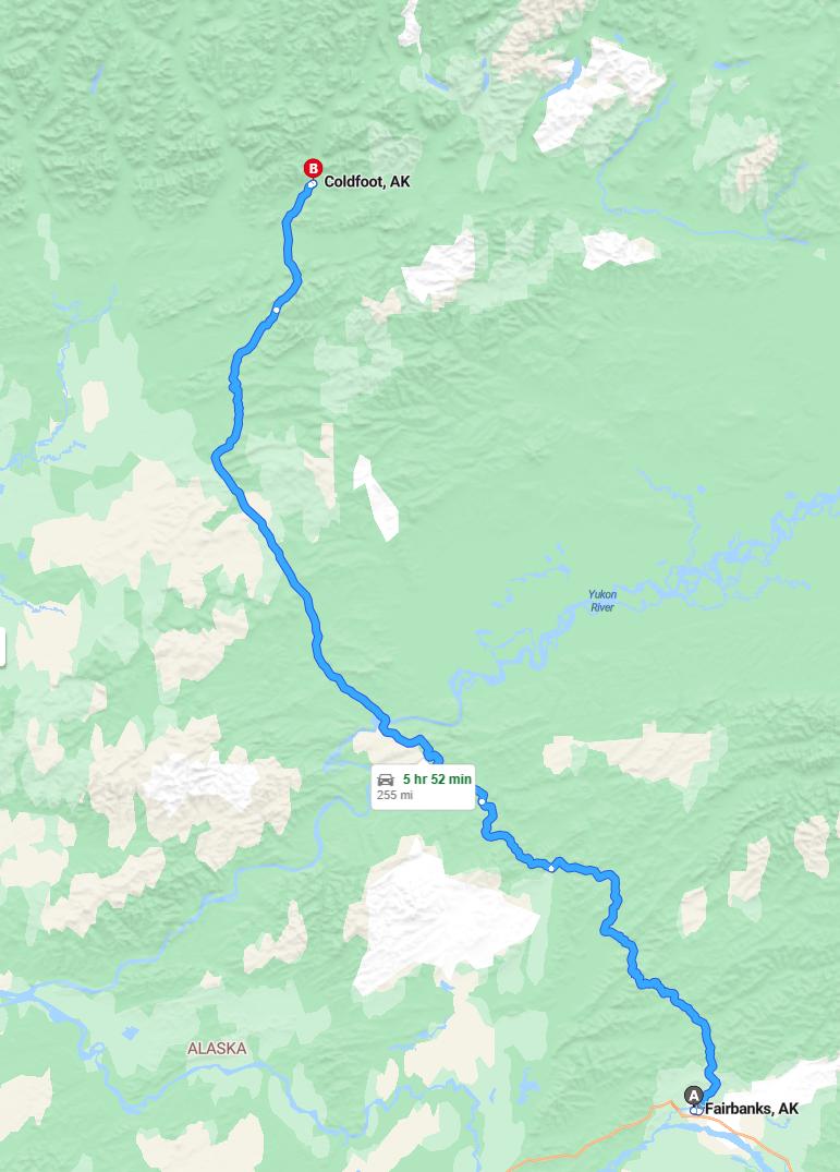 driving from Fairbanks, Alaska to ColdfootAlaska - map and route