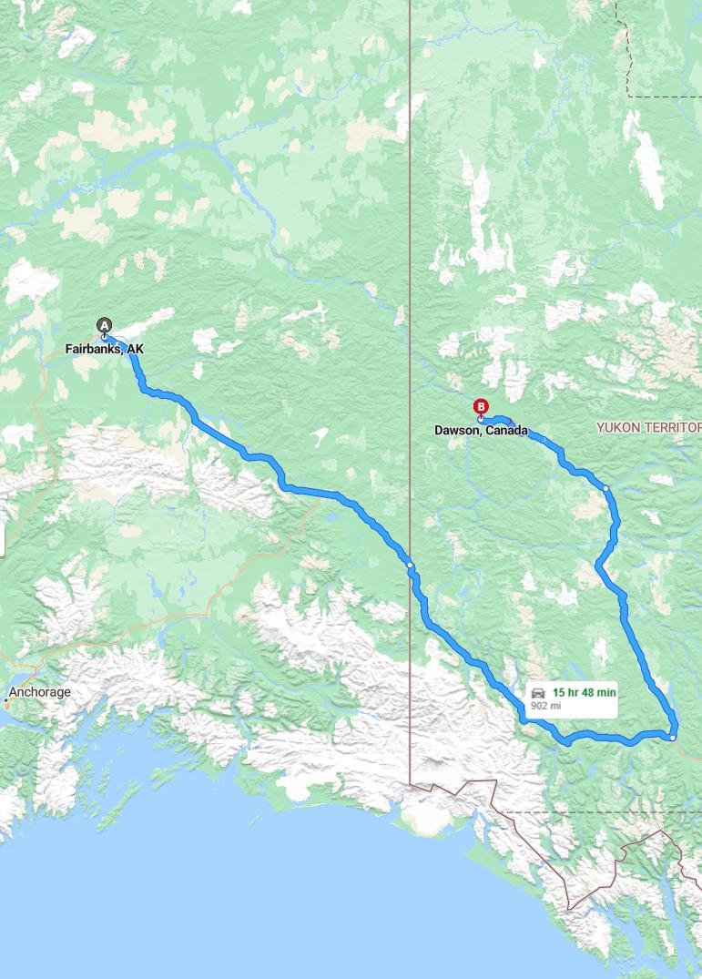 driving from Fairbanks, Alaska to Dawson CityYukon - map and route