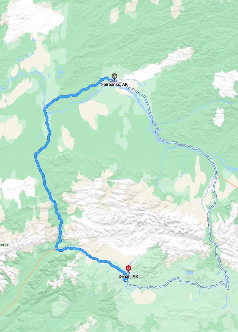driving from Fairbanks, Alaska to DenaliAlaska - map and route