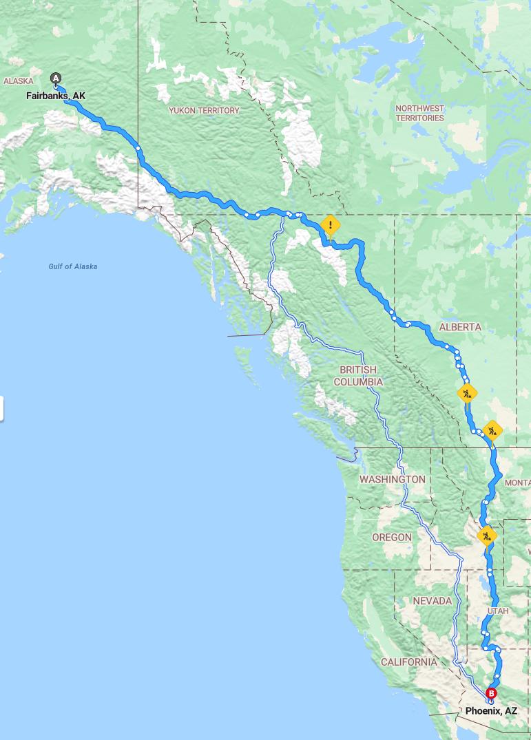 driving from Fairbanks, Alaska to PhoenixArizona - map and route