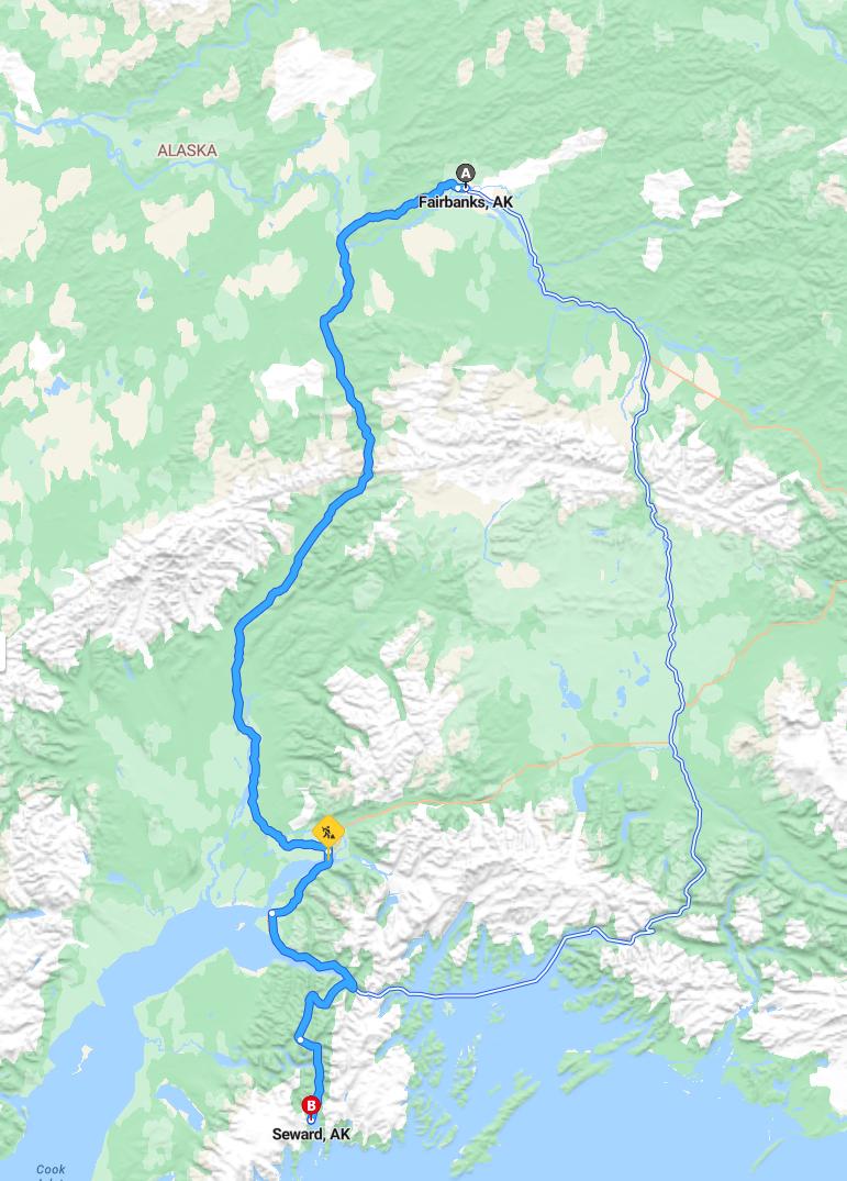 driving from Fairbanks, Alaska to SewardAlaska - map and route