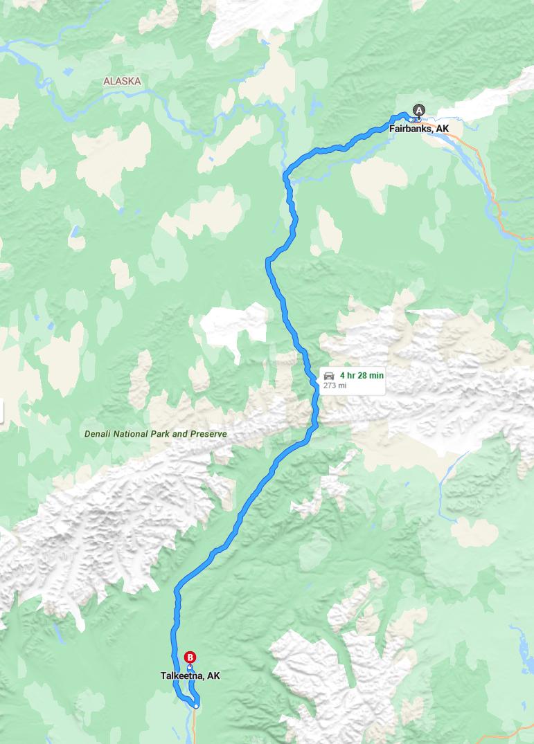 driving from Fairbanks, Alaska to TalkeetnaAlaska - map and route
