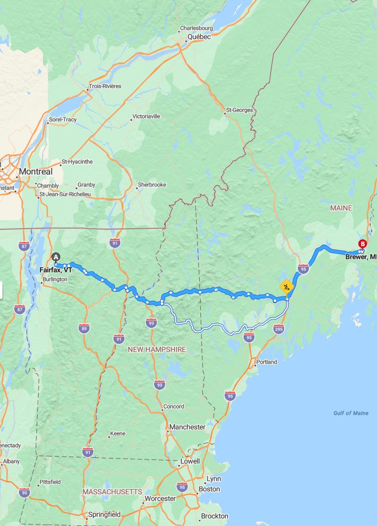 driving from Fairfax, Vermont to BrewerMaine - map and route