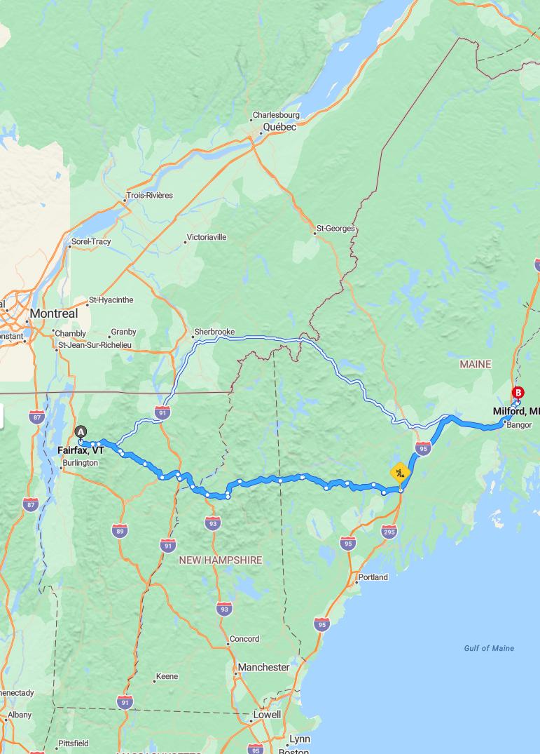 driving from Fairfax, Vermont to MilfordMaine - map and route