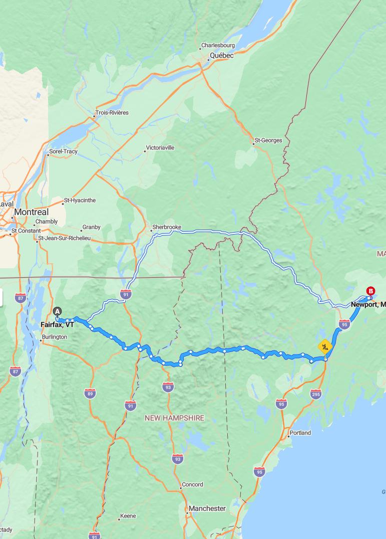 driving from Fairfax, Vermont to NewportMaine - map and route