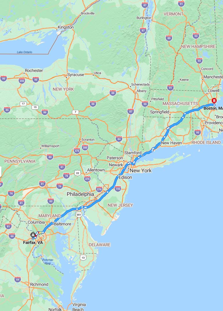 driving from Fairfax, Virginia to BostonMassachusetts - map and route