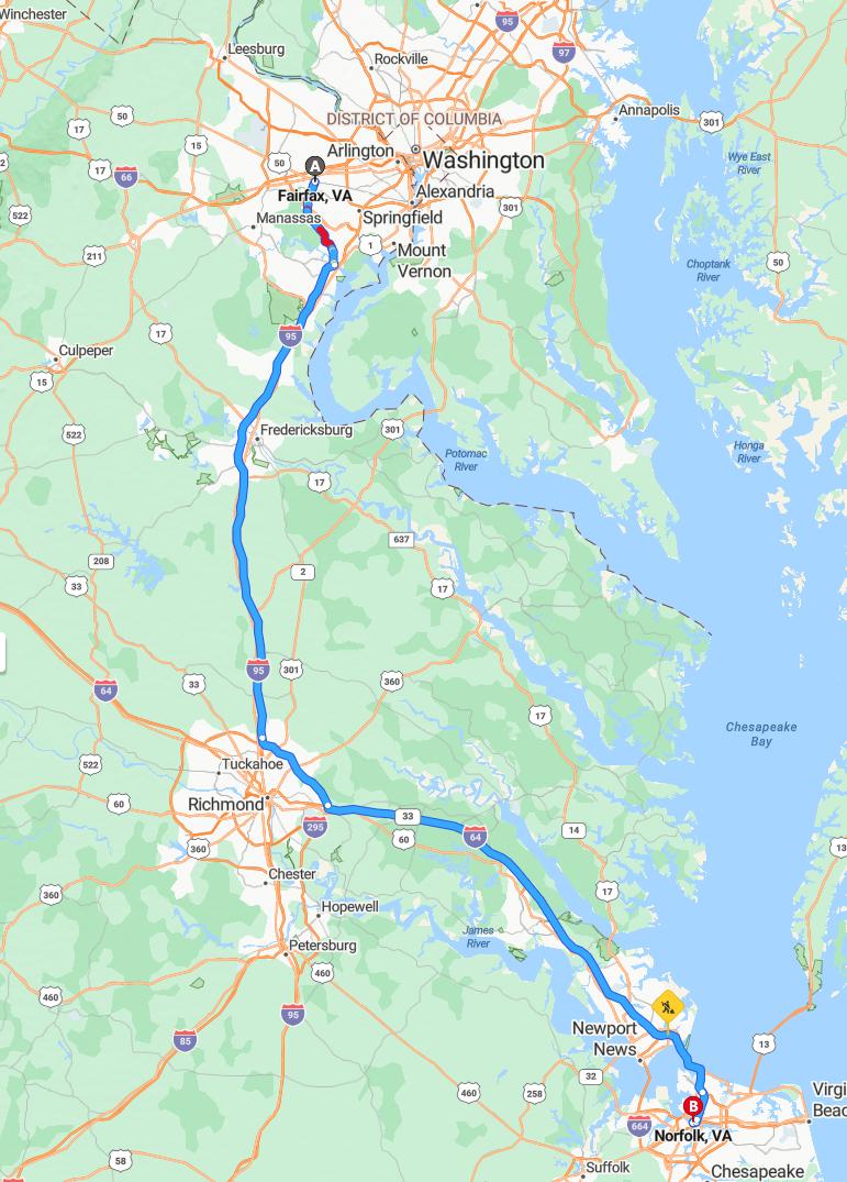 driving from Fairfax, Virginia to NorfolkVirginia - map and route