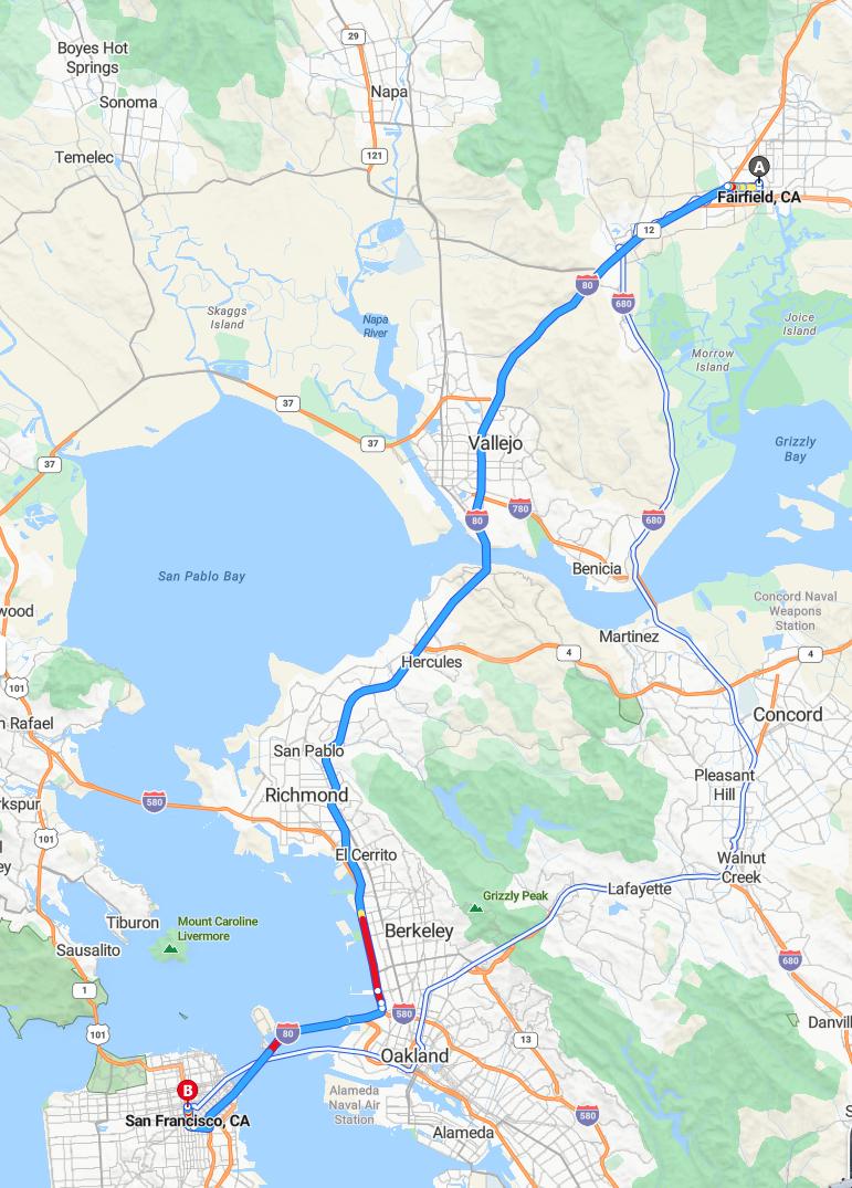 driving from Fairfield, California to San FranciscoCalifornia - map and route