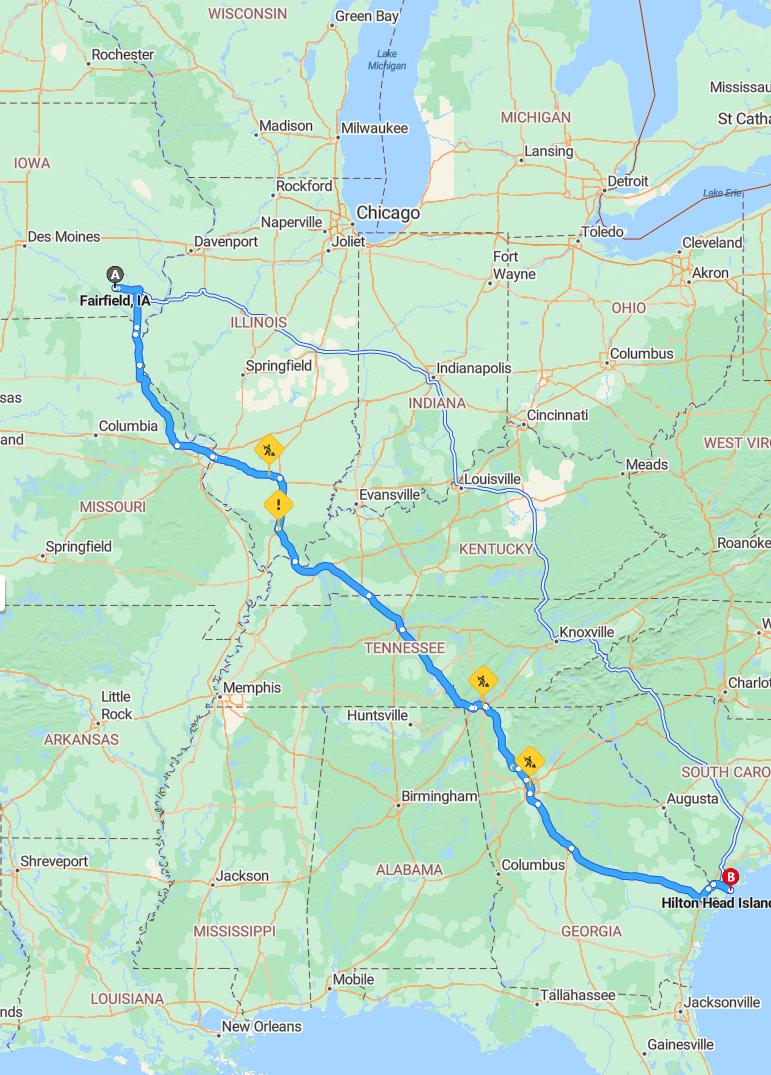 driving from Fairfield, Iowa to Hilton HeadSouth Carolina - map and route