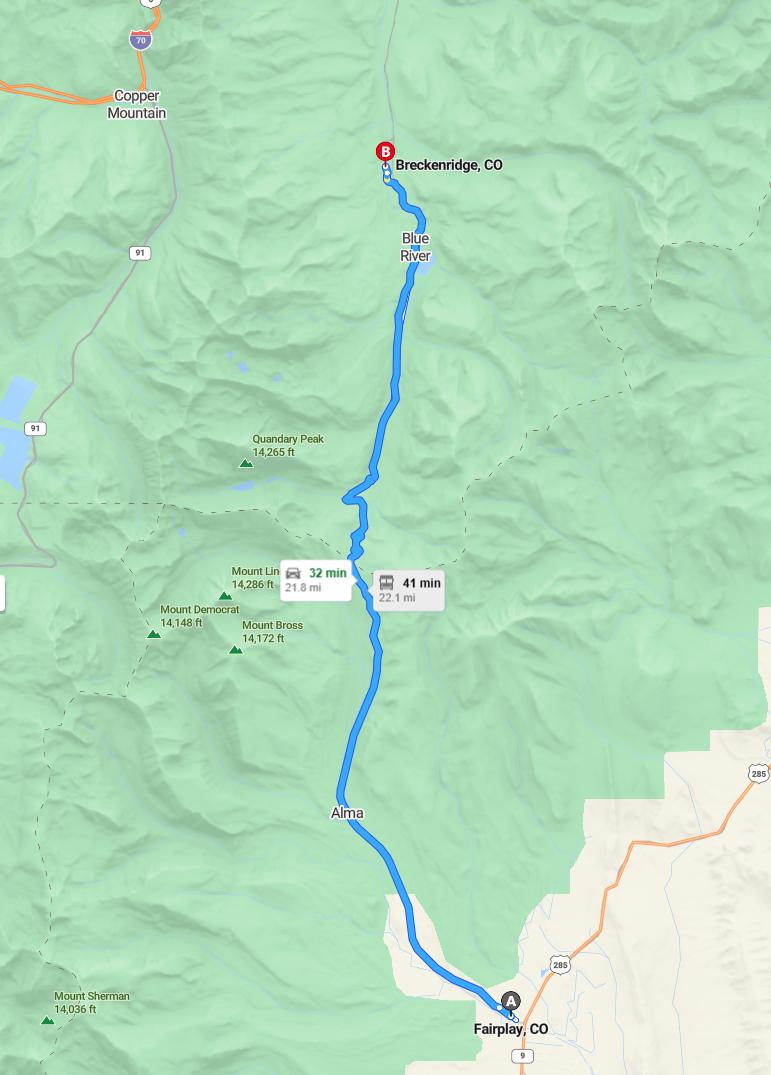 driving from Fairplay, Colorado to BreckenridgeColorado - map and route