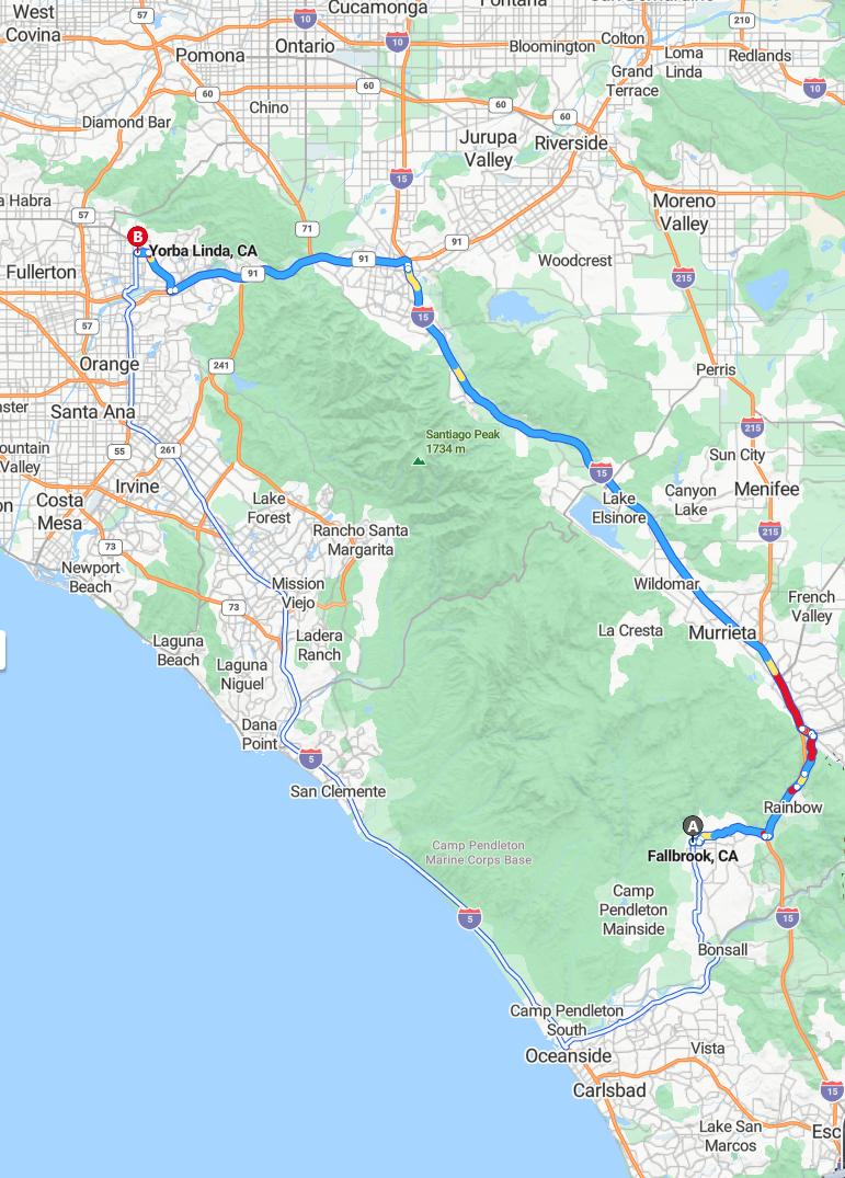 driving from Fallbrook, California to Yorba LindaCalifornia - map and route