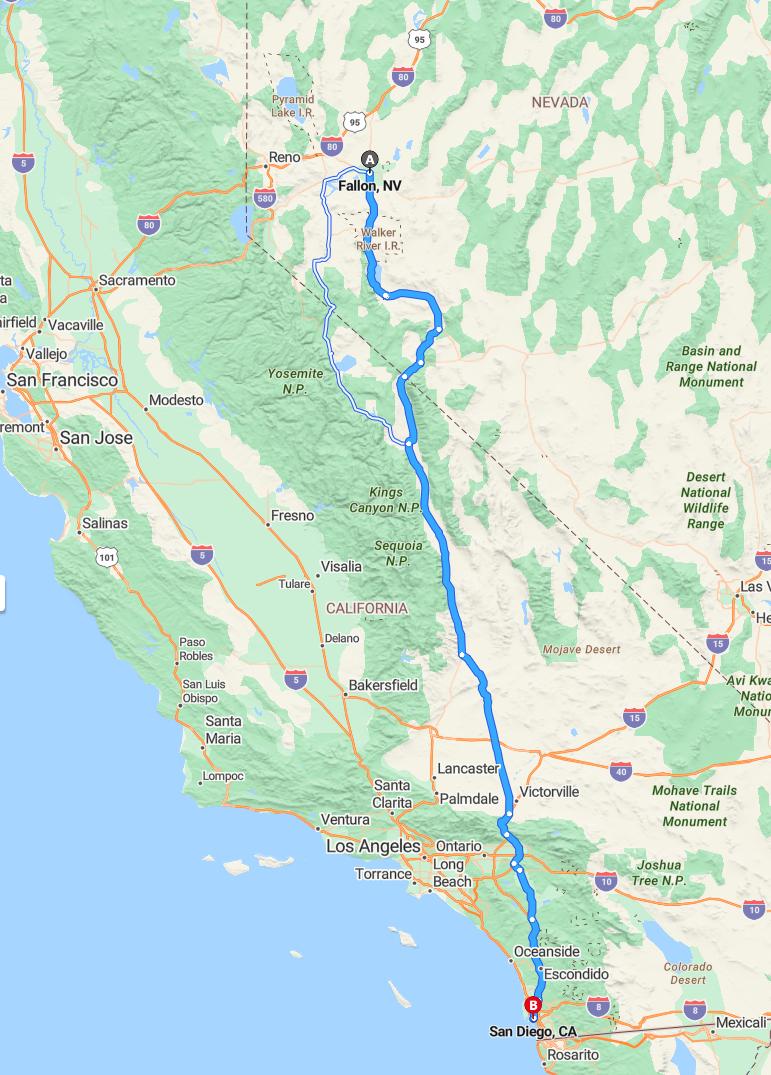driving from Fallon, Nevada to San DiegoCalifornia - map and route