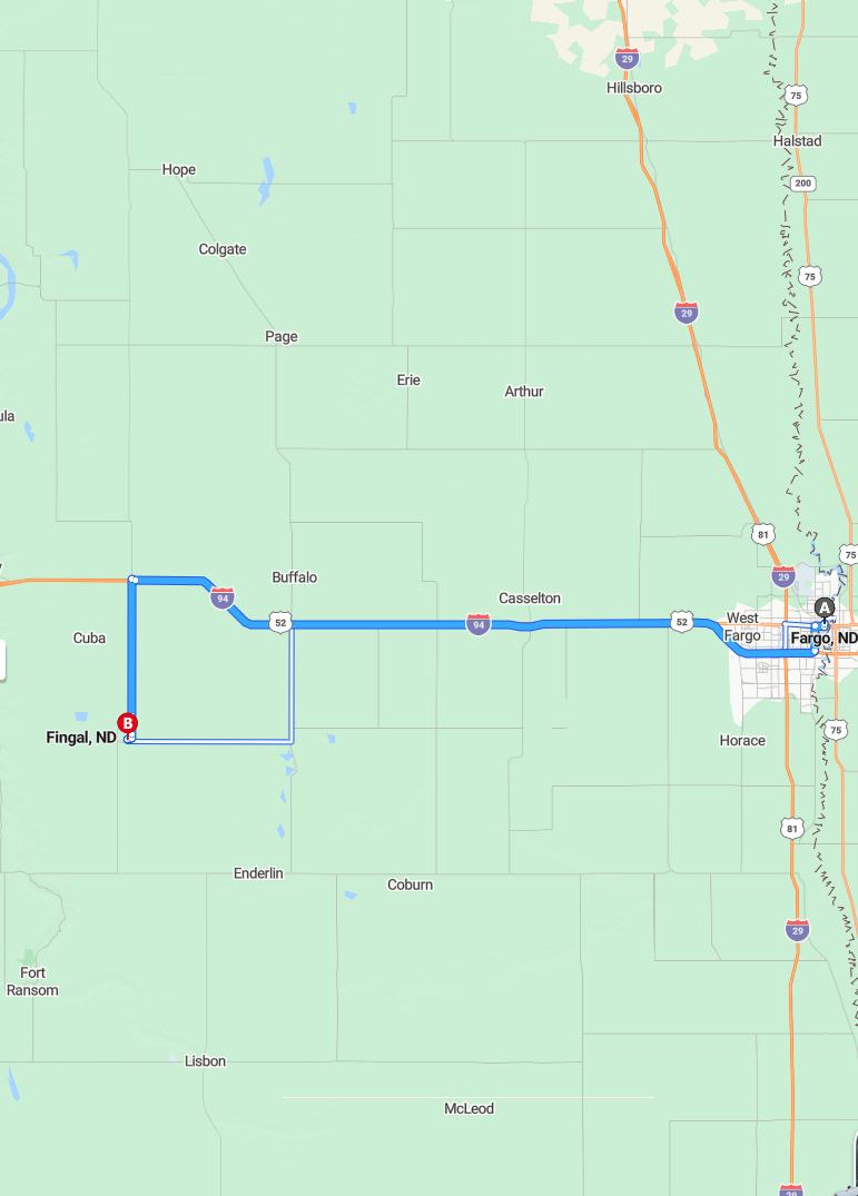 driving from Fargo, North Dakota to FingalNorth Dakota - map and route
