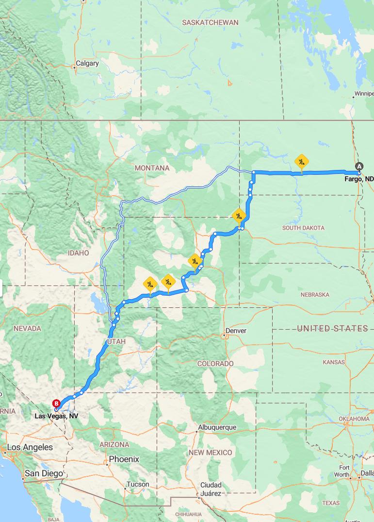 driving from Fargo, North Dakota to Las VegasNevada - map and route
