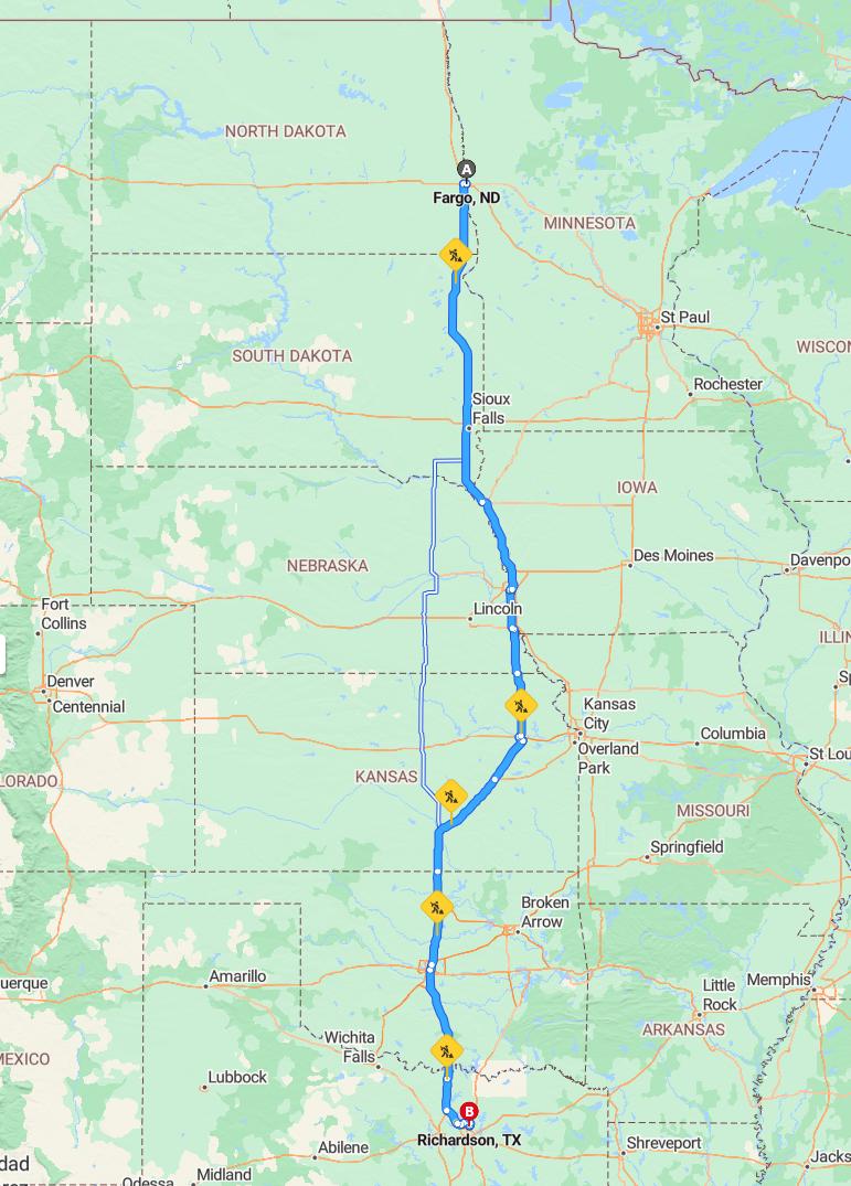 driving from Fargo, North Dakota to RichardsonTexas - map and route