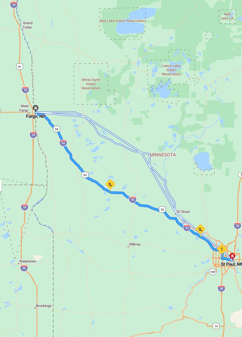 driving from Fargo, North Dakota to Saint PaulMinnesota - map and route