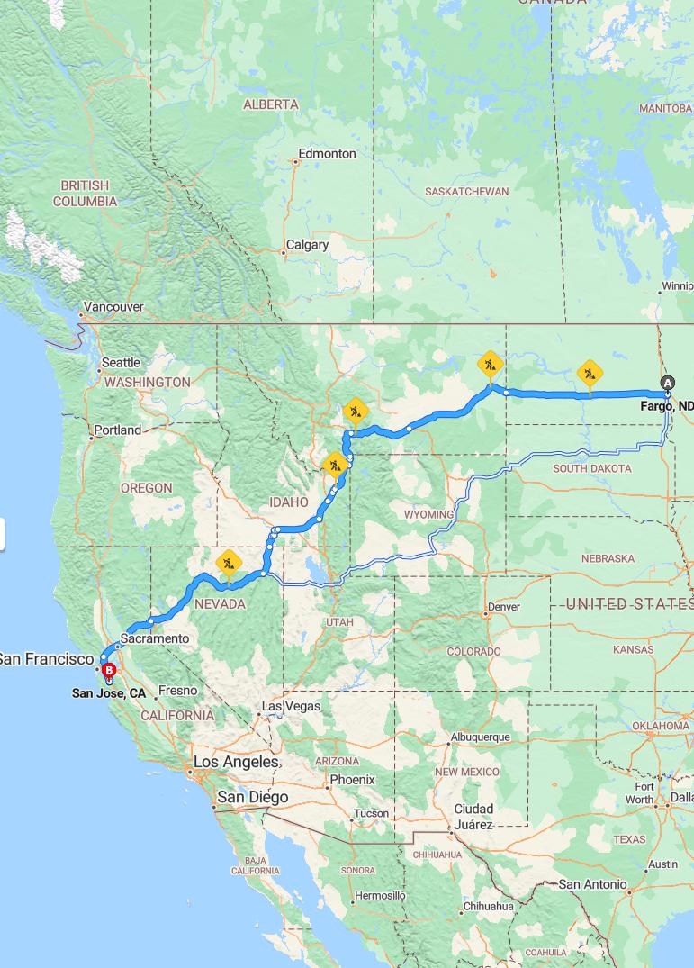 driving from Fargo, North Dakota to San JoseCalifornia - map and route