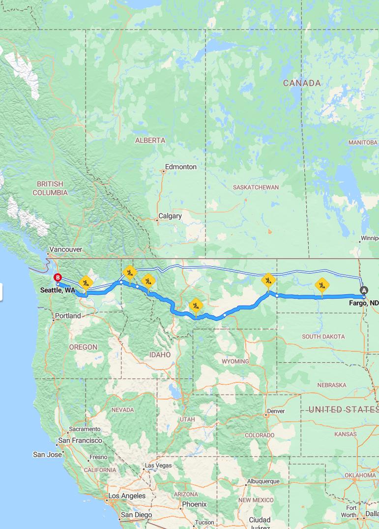 driving from Fargo, North Dakota to SeattleWashington - map and route