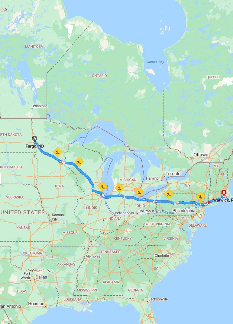 driving from Fargo, North Dakota to WarwickRhode Island - map and route