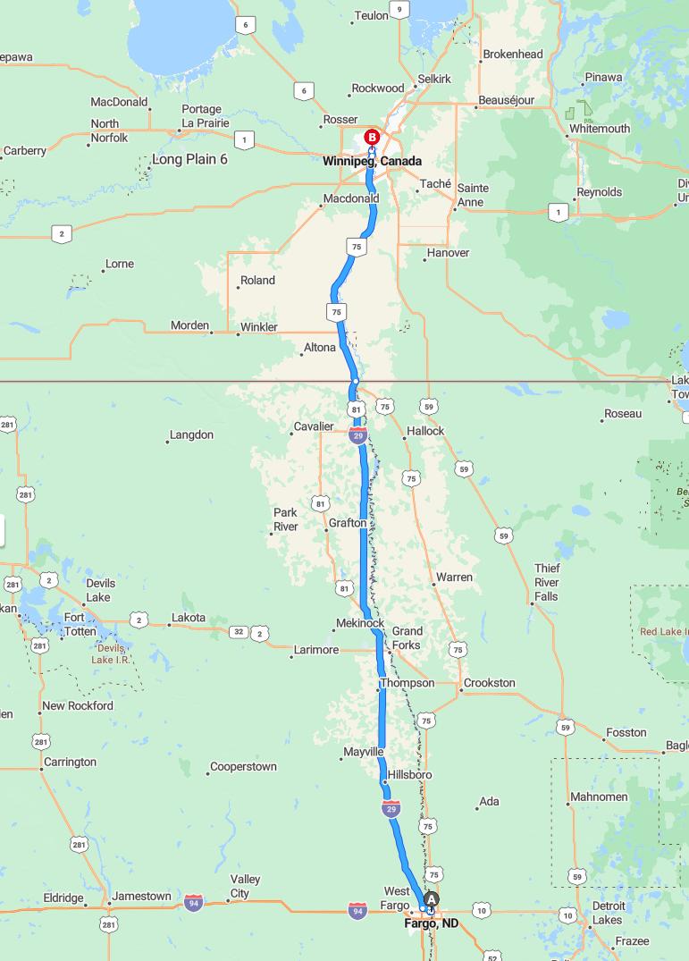 driving from Fargo, North Dakota to WinnipegManitoba - map and route