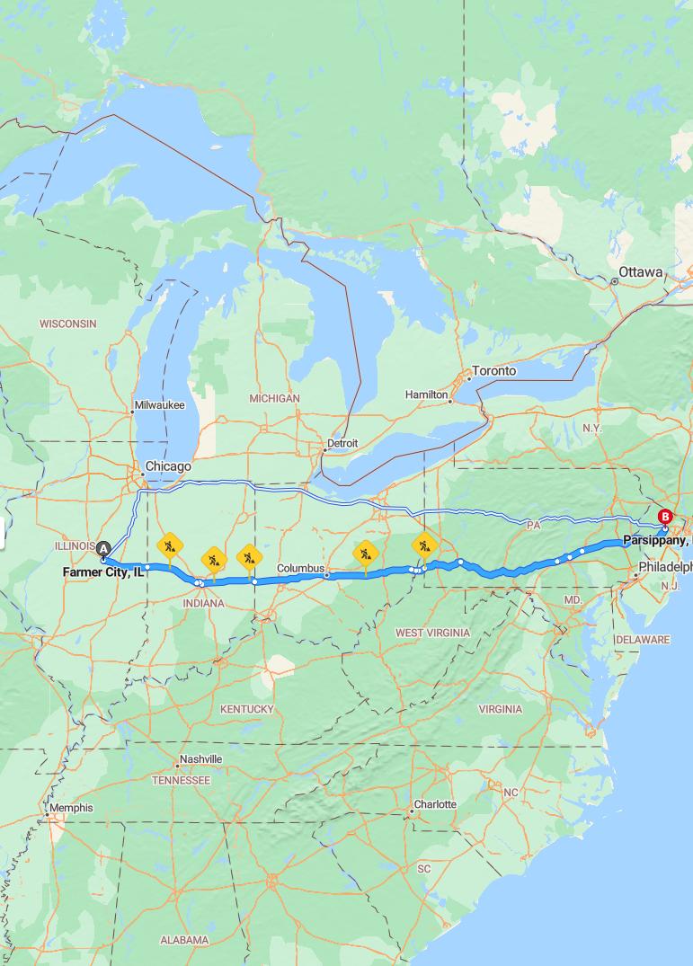 driving from Farmer City, Illinois to ParsippanyNew Jersey - map and route