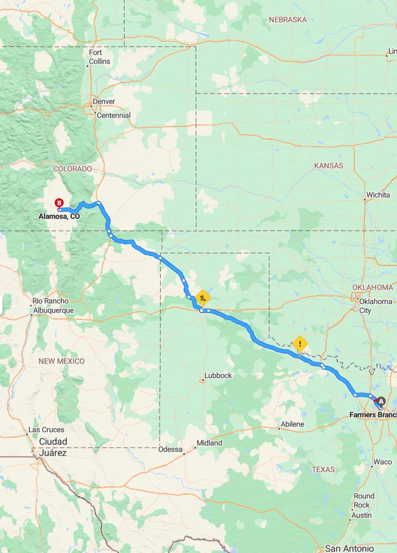 driving from Farmers Branch, Texas to AlamosaColorado - map and route