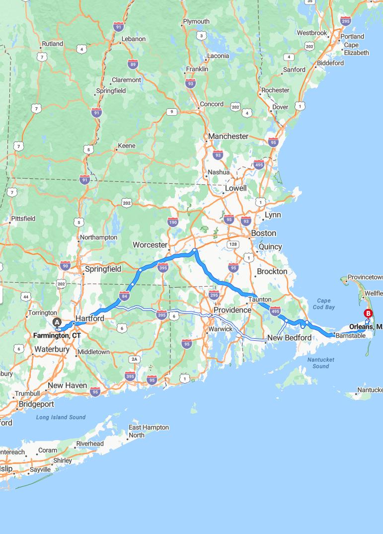 driving from Farmington, Connecticut to OrleansMassachusetts - map and route