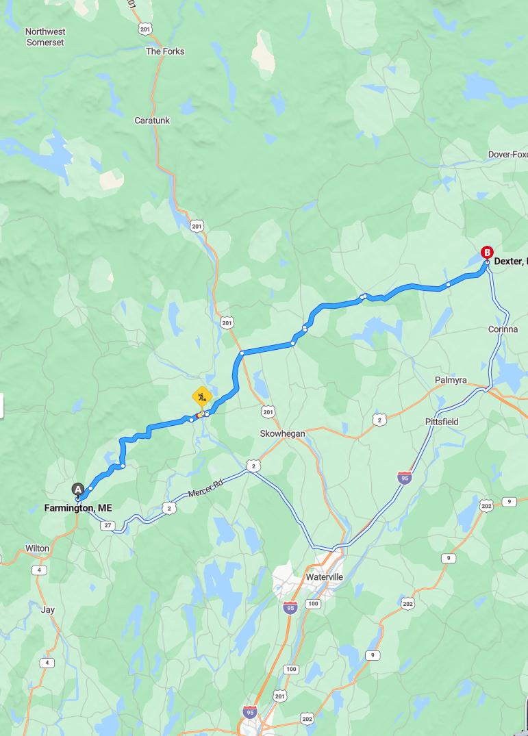driving from Farmington, Maine to DecterMaine - map and route